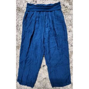 Anthropologie‎ Hei Hei Pants Cropped Wide Leg Blue Stripe Linen Blend Sz Medium